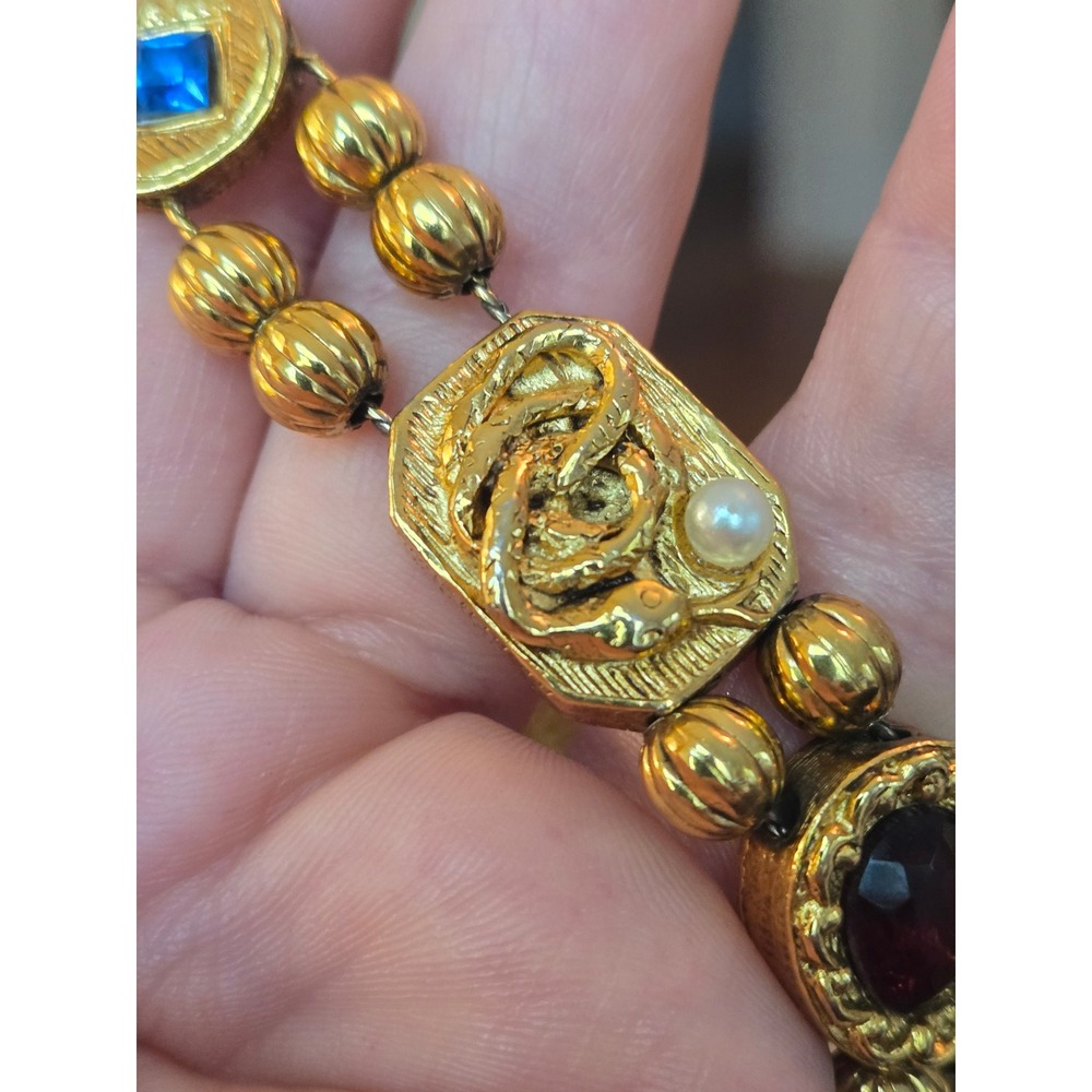 Unsigned Goldette Slide Charm Substantial Bracelet Cameo Snake Safety Chain - Picture 6 of 12